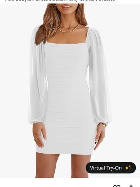 White Ruched Bodycon Mini Dress | Mesh Long Sleeve | Size Large | Worn Once